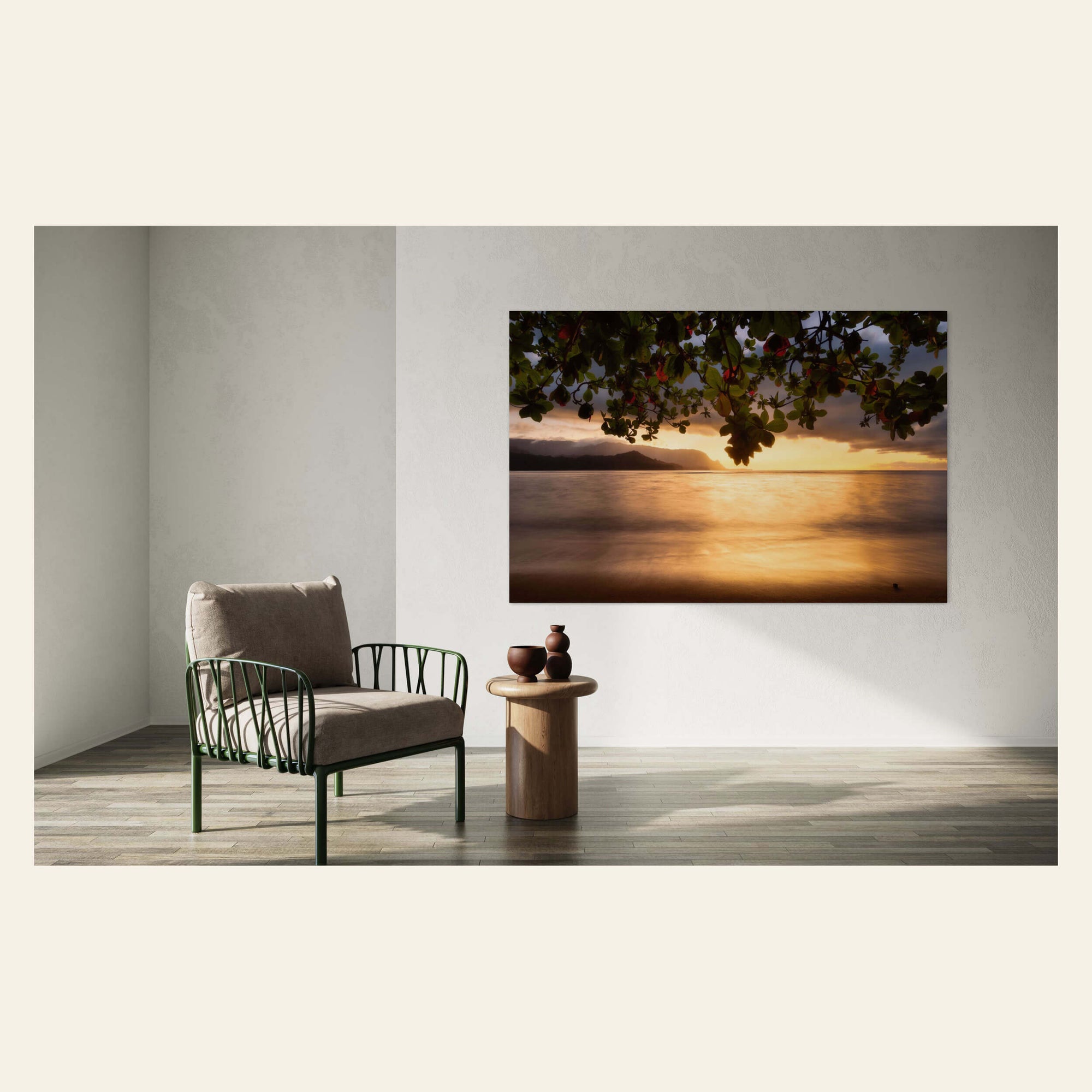 A picture of Pu'u Poa Beach at the Hanalei Bay Resort in Kauai hangs in a living room.