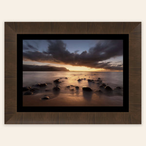 A framed Hanalei Bay sunset picture from Kauai.