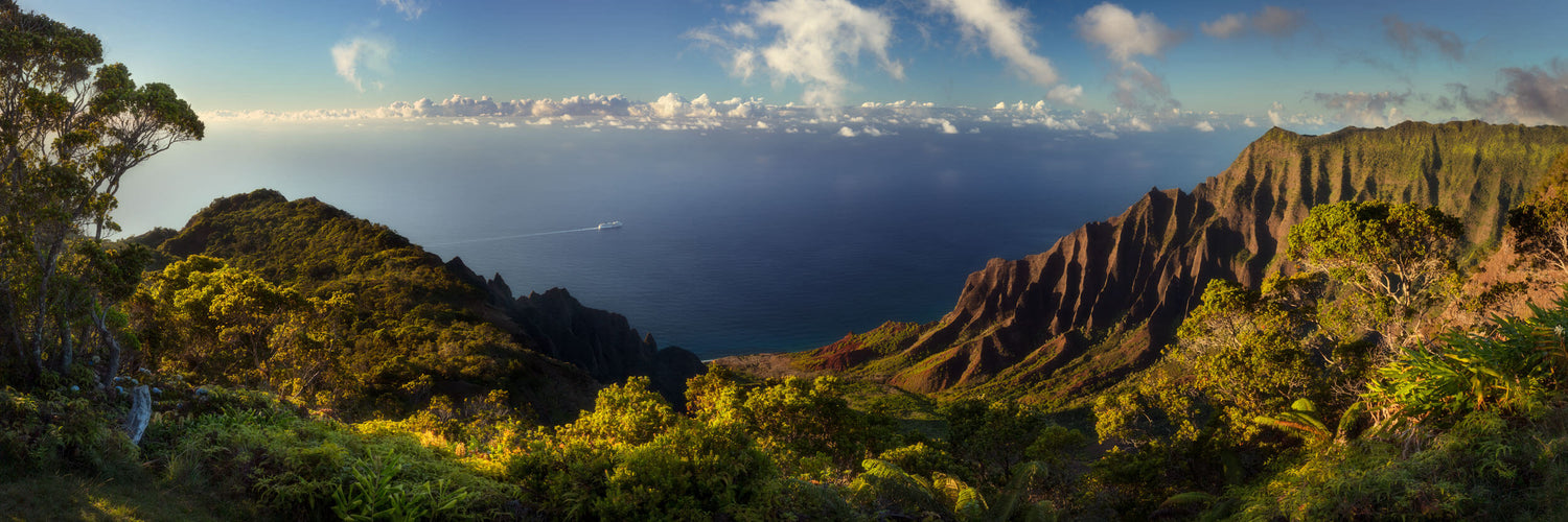 This piece of Kauai art shows the view from the Kalalau Overlook in Hawaii.