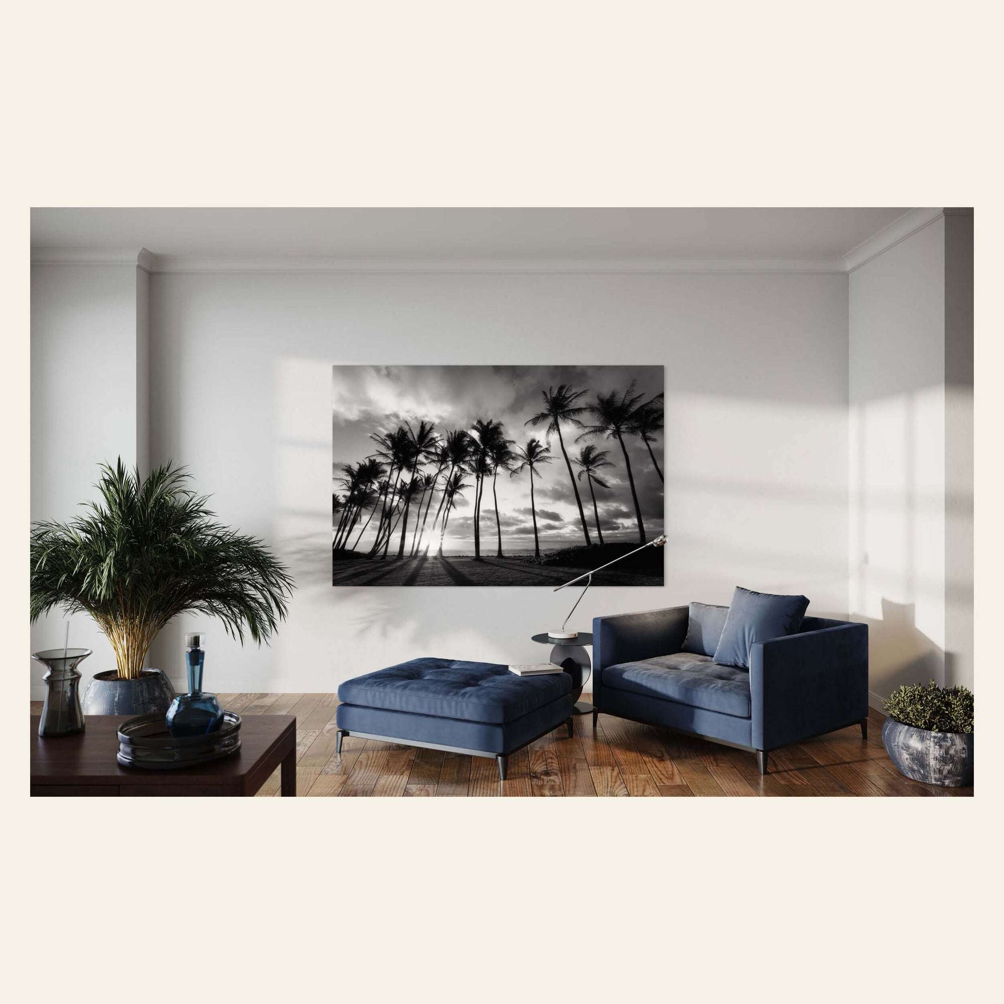 A palm tree picture at sunrise in Kapaa, Kauai, hangs in a living room.