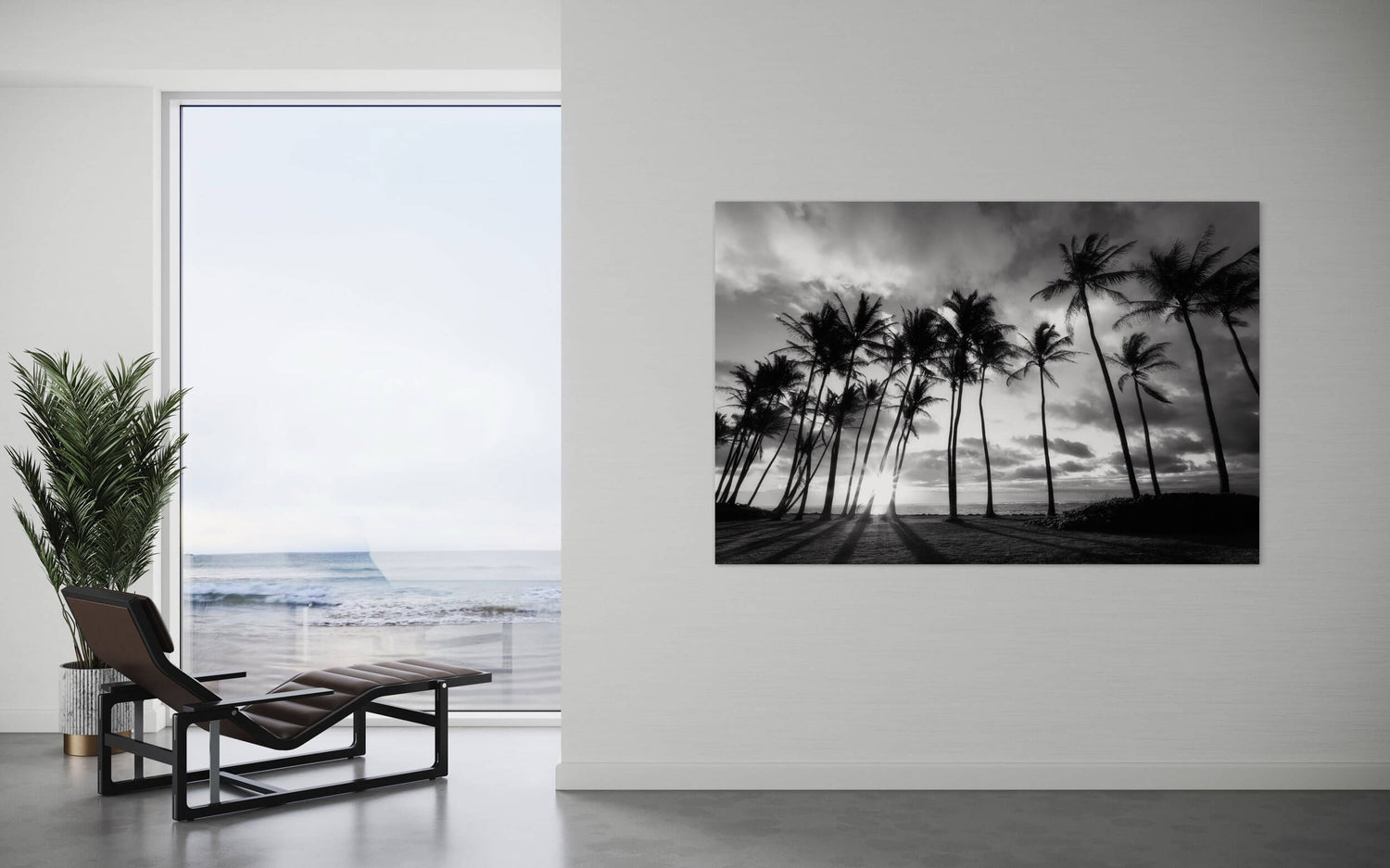 A palm tree picture at sunrise in Kapaa, Kauai, hangs in a living room.