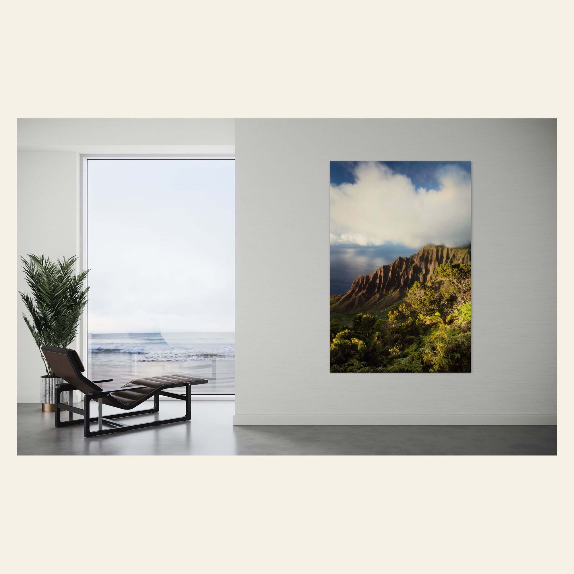 A Napali Coast picture from Kauai hangs in a living room.