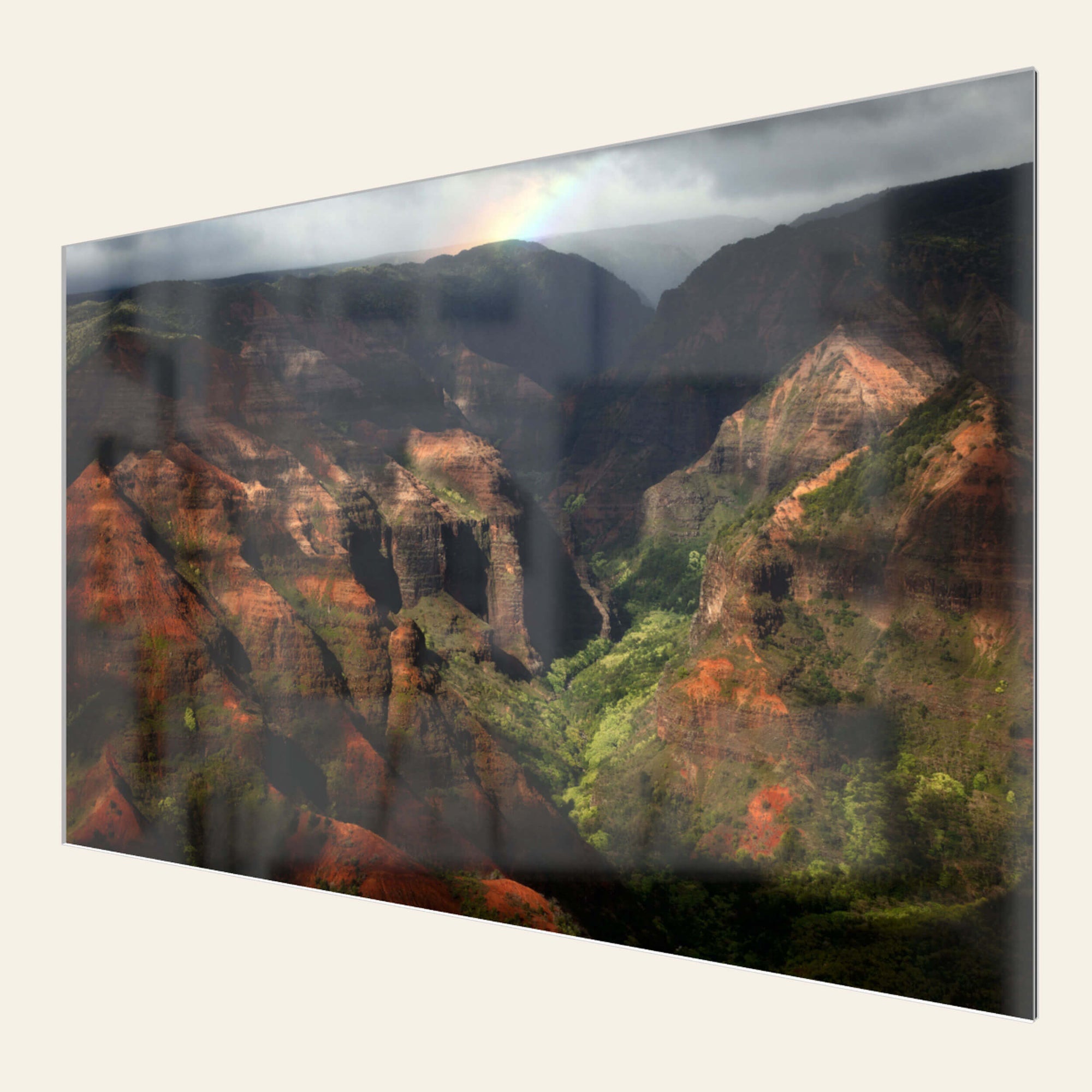 A TruLife acrylic picture of Waimea Canyon on Kauai with a rainbow.