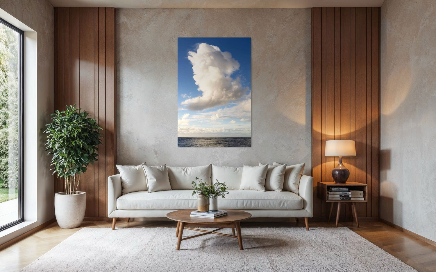 A piece of Kauai art showing a cloud photo over the ocean hangs above a couch.