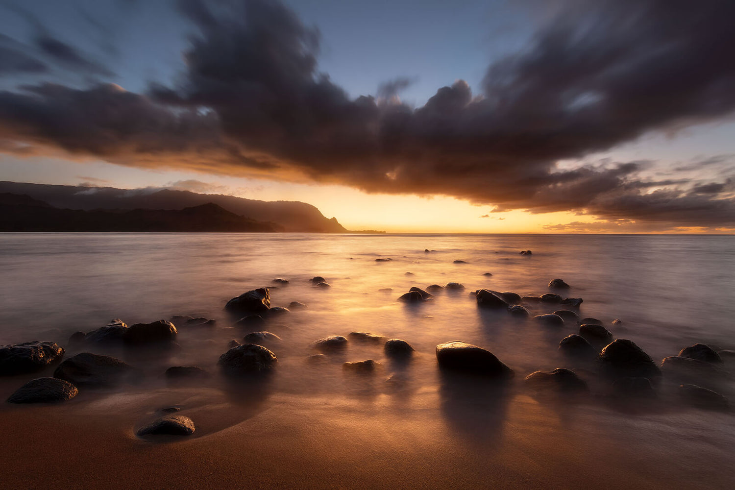 A nature photography print showing sunset at Hanalei Bay on Kauai. This fine art photography print is available in Lars Gesing's Seattle photography gallery.