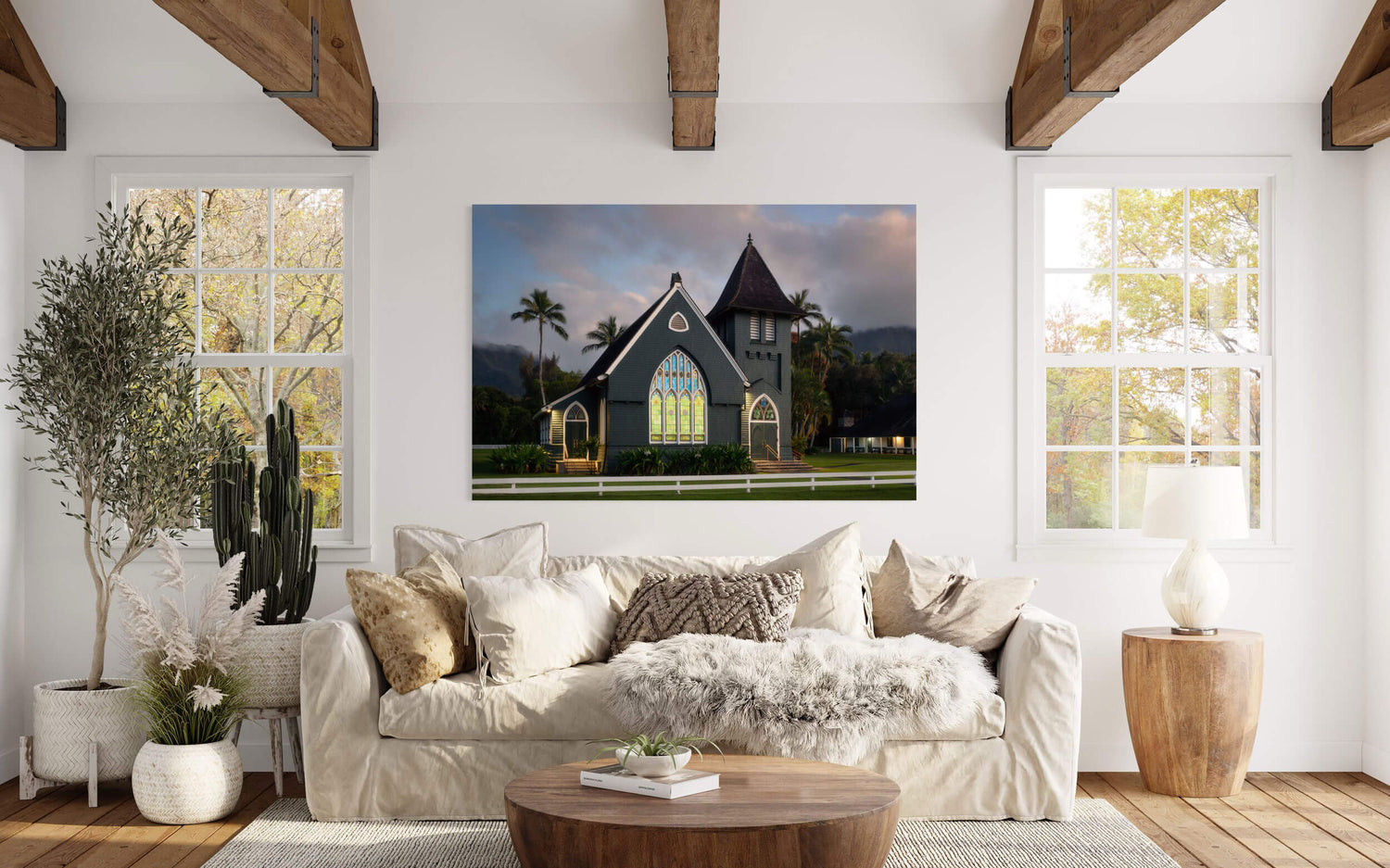 A picture of the church in Hanalei on Kauai hangs in a living room.