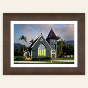 A framed picture of the church in Hanalei on Kauai.