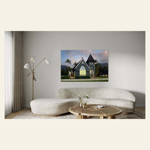 A picture of the church in Hanalei on Kauai hangs in a living room.
