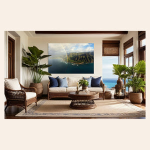 A piece of Napali Coast wall art created on a Kauai helicopter tour hangs in a living room.