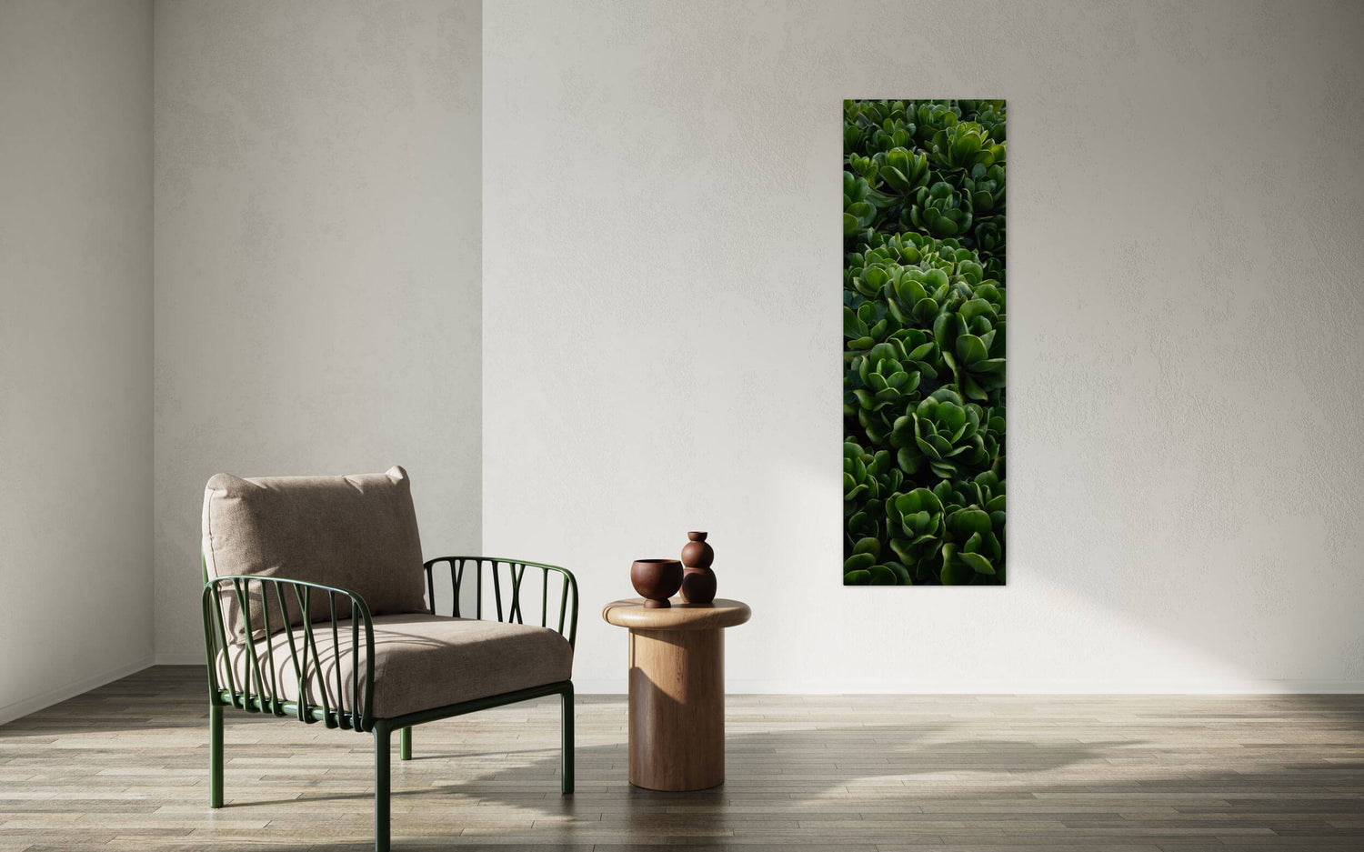 A Kauai plants picture hangs in a living room.