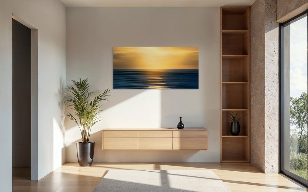 A piece of art showing one of the many good Kauai sunsets hangs in a contemporary home.