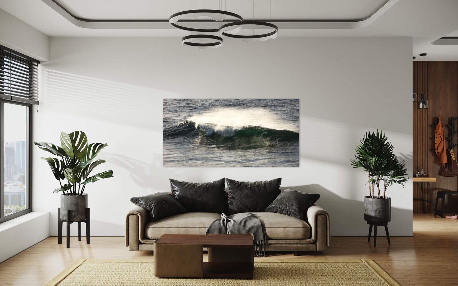 A wave picture from Shipwreck Beach in Poipu, Kauai hangs in a living room.