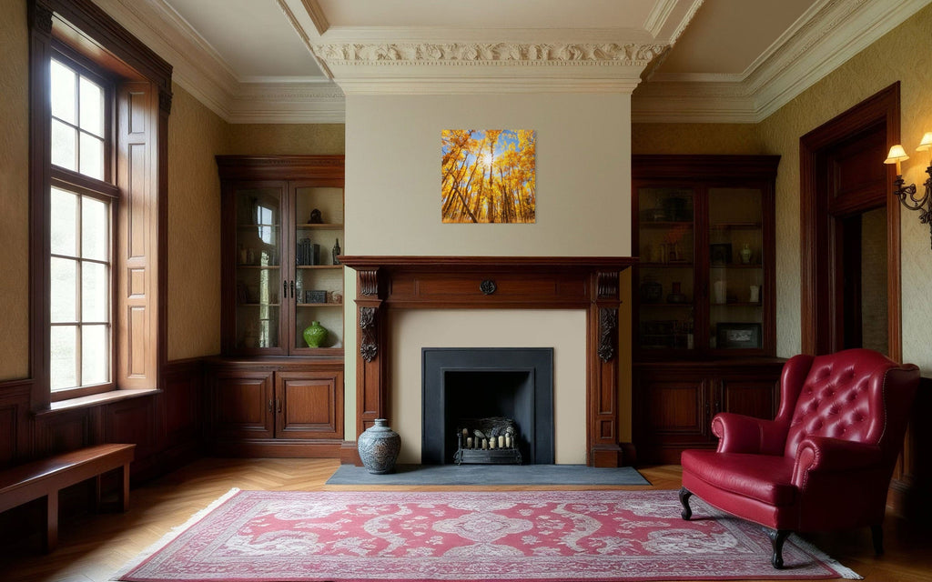 A piece of Colorado art showing a Kenosha Pass peak fall color photo hangs in a family room.