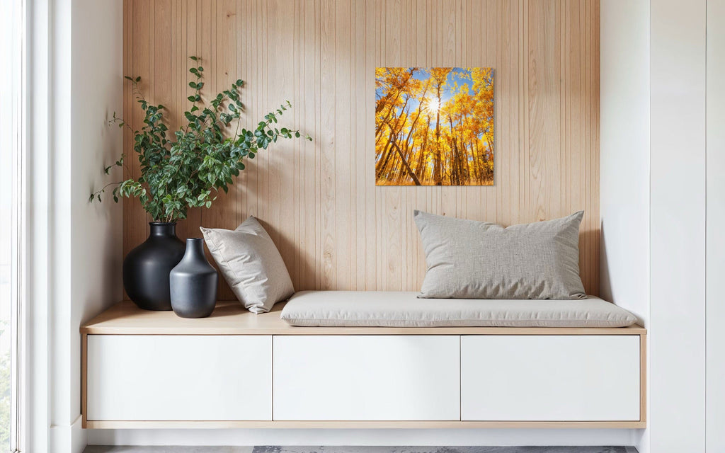 A piece of Colorado art showing a Kenosha Pass peak fall color photo hangs in a sitting area.