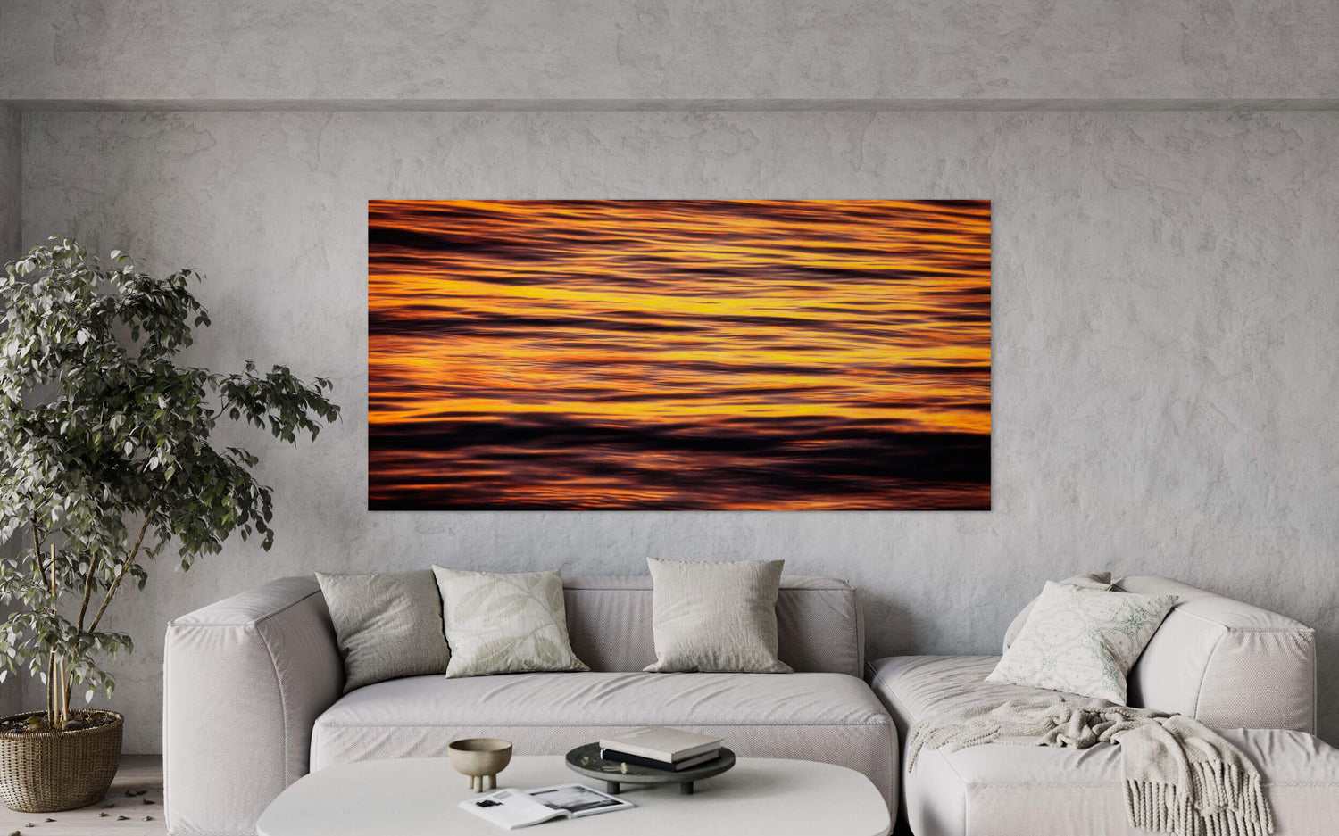 A sunset picture from Key West, Florida, hangs in a living room.
