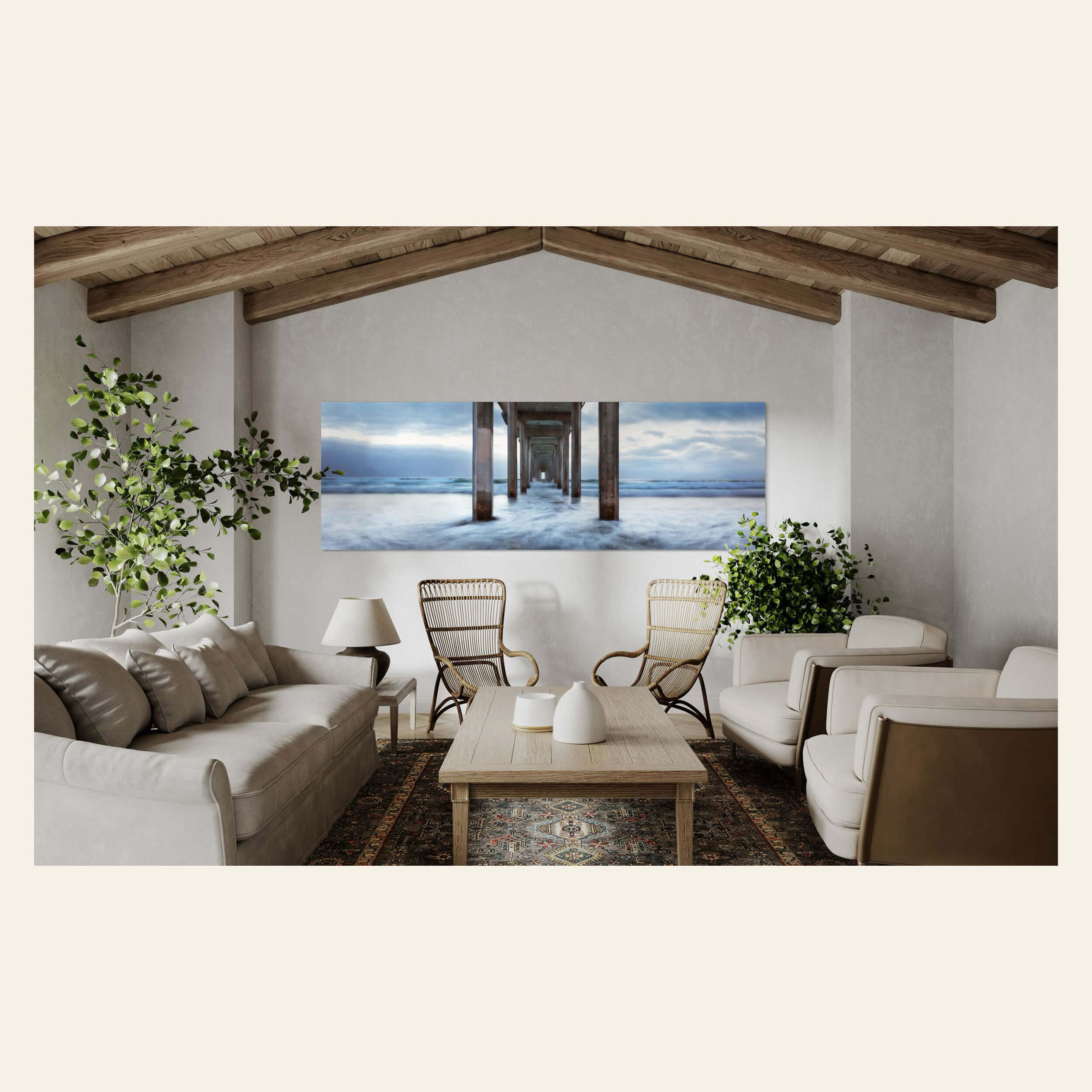 A La Jolla pier picture hangs in a living room.