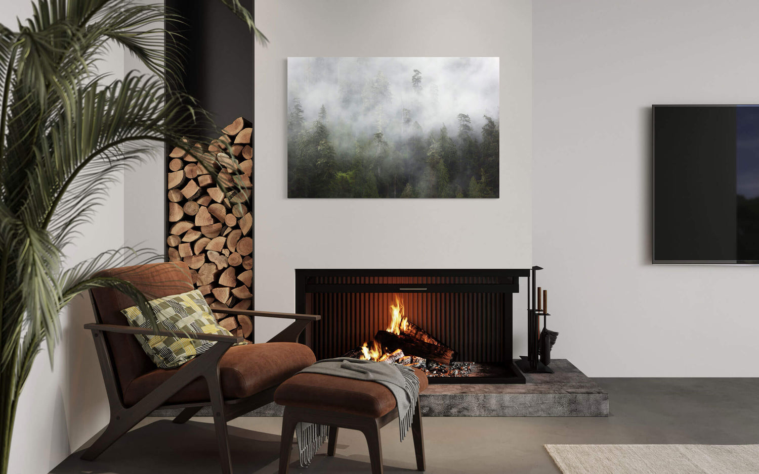 A piece of Washington art showing a Lake Quinault picture hangs in a living room.