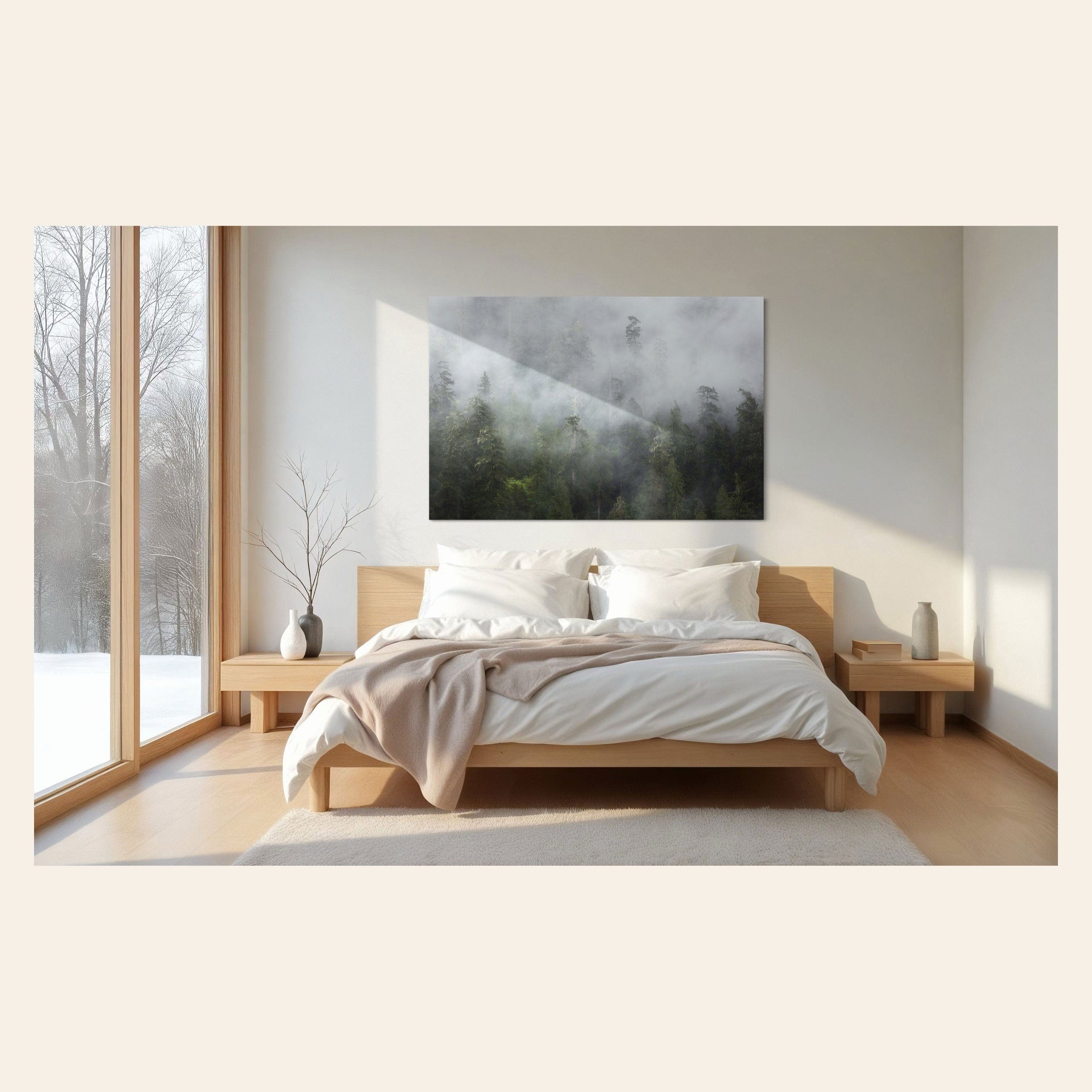 A piece of Washington wall art showing the Lake Quinault rainforest hangs in a bedroom.