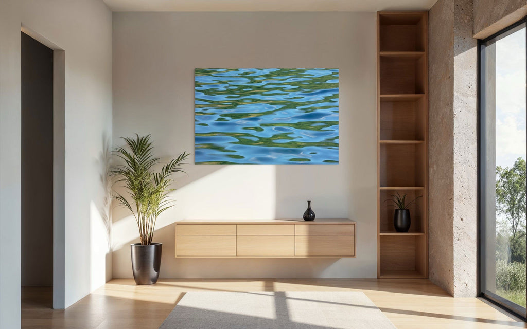A piece of Washington art showing a Lake Sutherland photo hangs in a modern home.