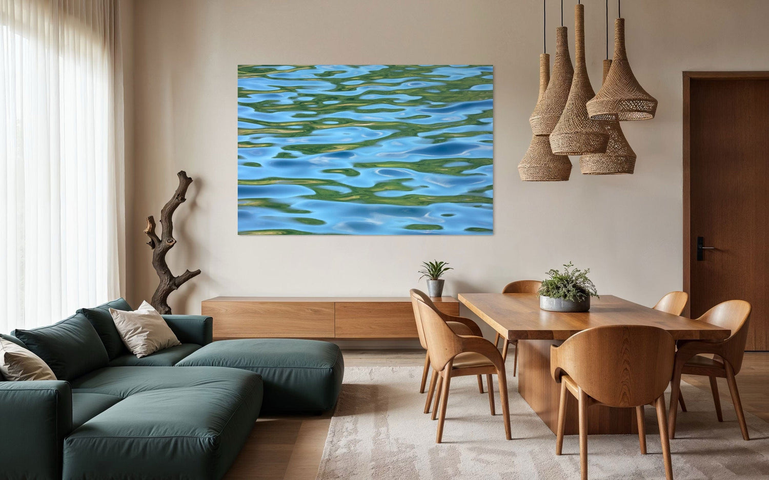 A piece of Washington art showing a Lake Sutherland photo hangs in a family room.