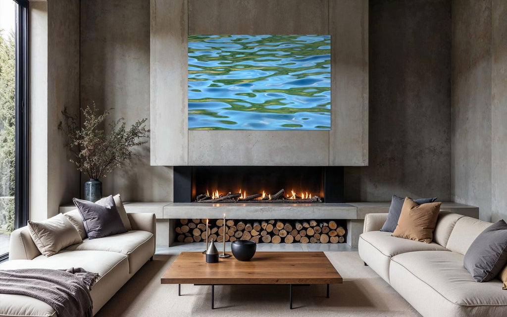 A piece of Washington art showing a Lake Sutherland photo hangs above a fireplace.