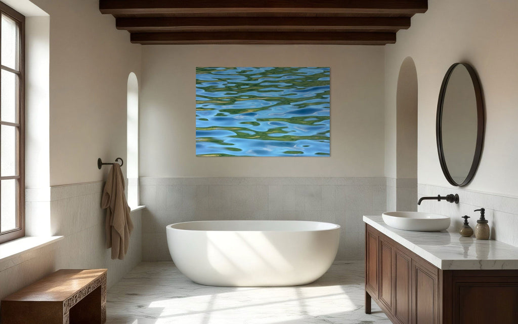A piece of Washington art showing a Lake Sutherland photo hangs in a bathroom.