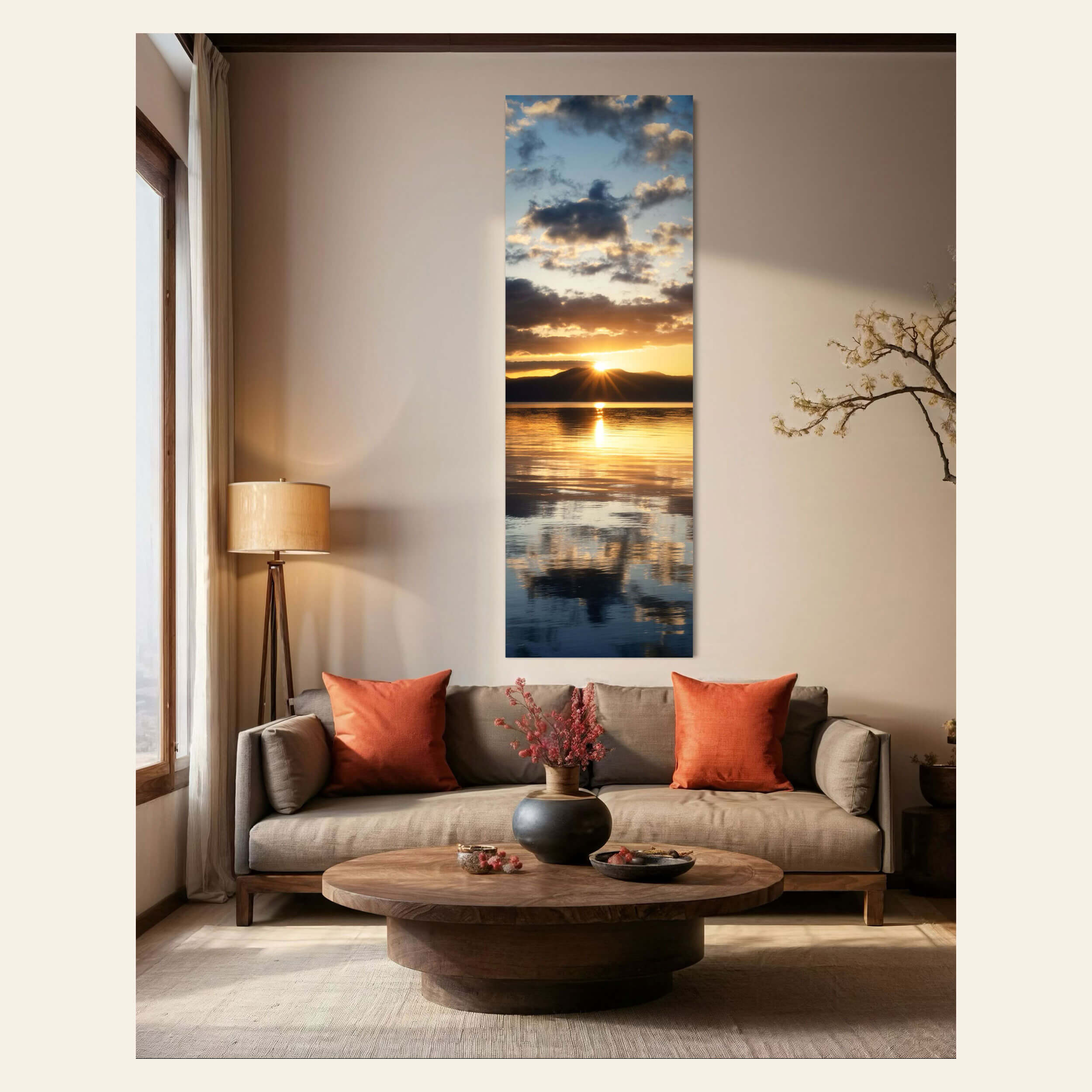 A sunrise picture from Lake Tahoe hangs in a living room.