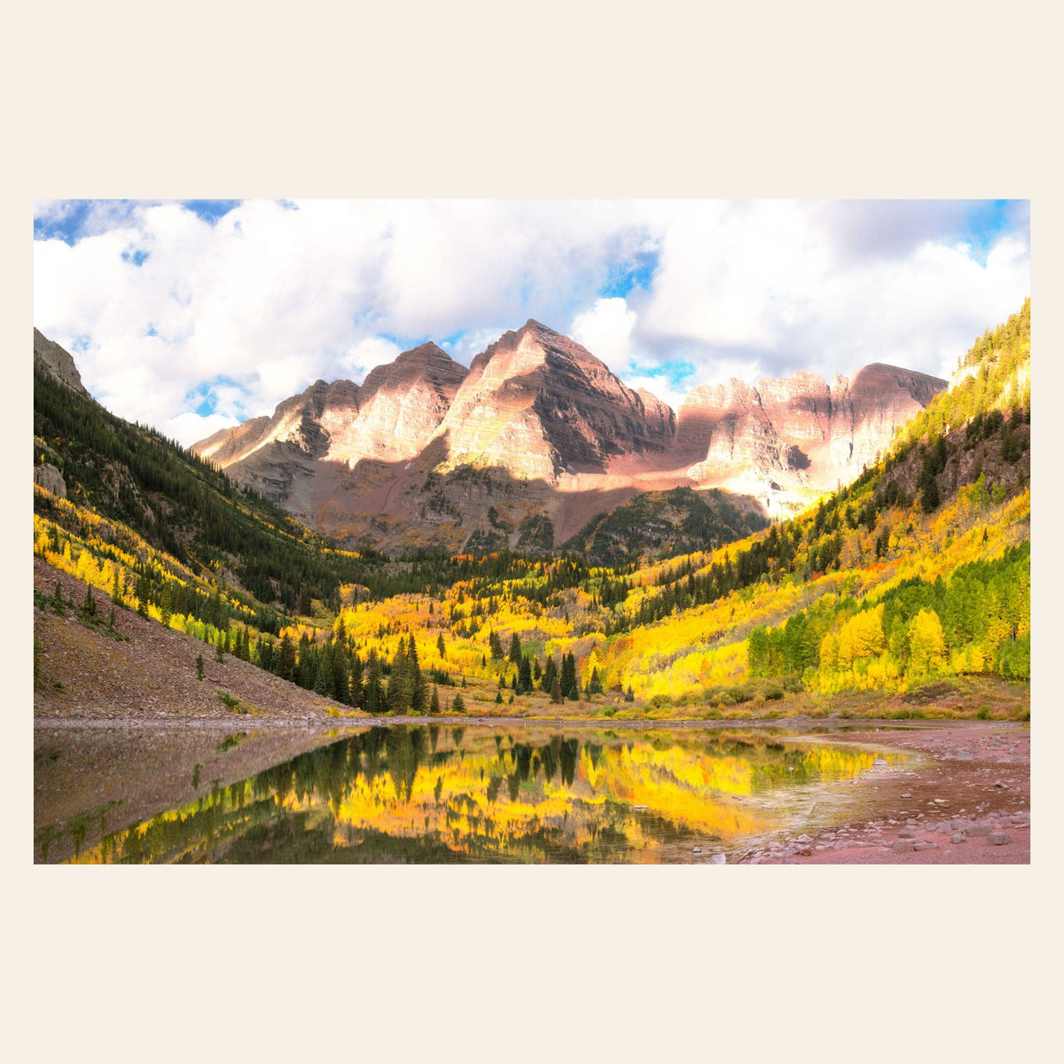 Stunning artwork of the Maroon Bells in Aspen during fall.