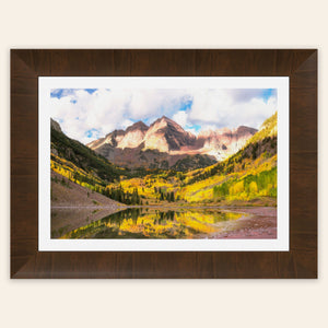 Stunning framed artwork of the Maroon Bells in Aspen during fall.