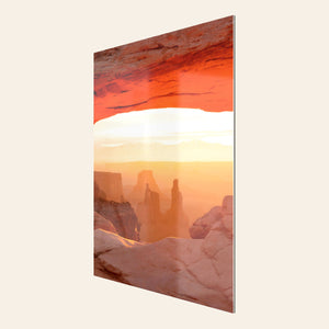 A piece of TruLife acrylic Moab art showing a Mesa Arch picture at sunrise.