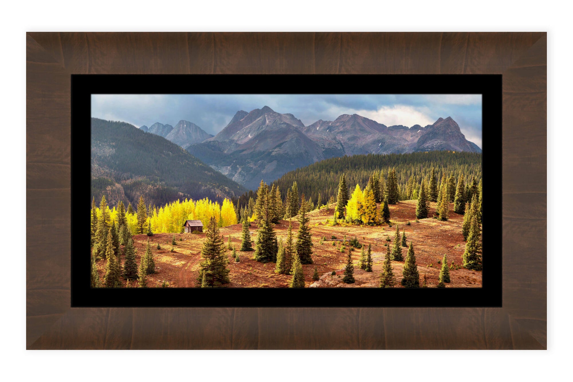 A framed cabin picture from Molas Pass near Silverton during peak Colorado fall.