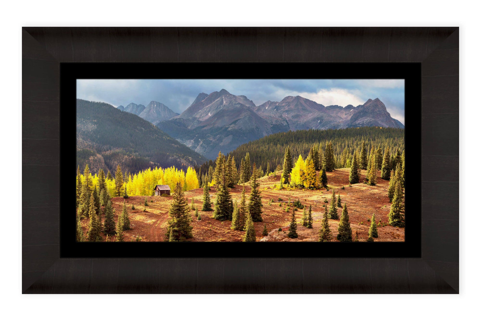 A framed cabin picture from Molas Pass near Silverton during peak Colorado fall.
