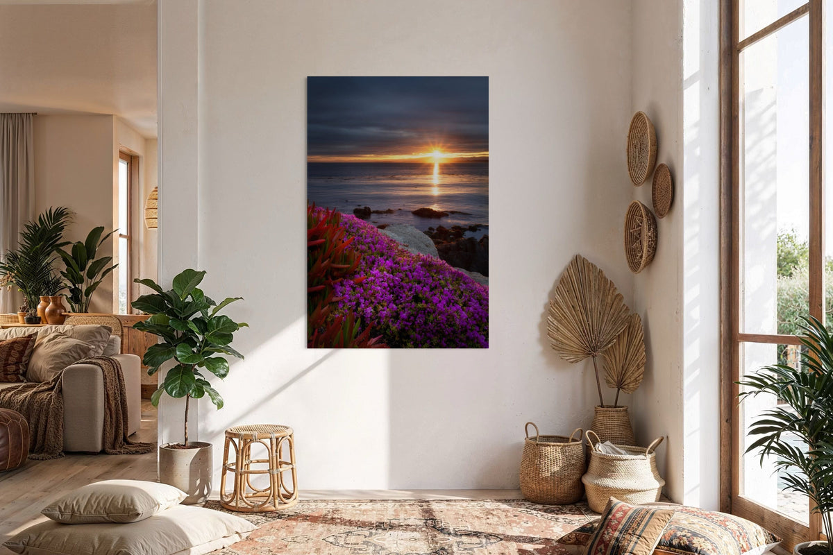 A Lars Gesing Fine Art coastal photograph showing a sunrise at the Monterrey Peninsula hangs in a living room.