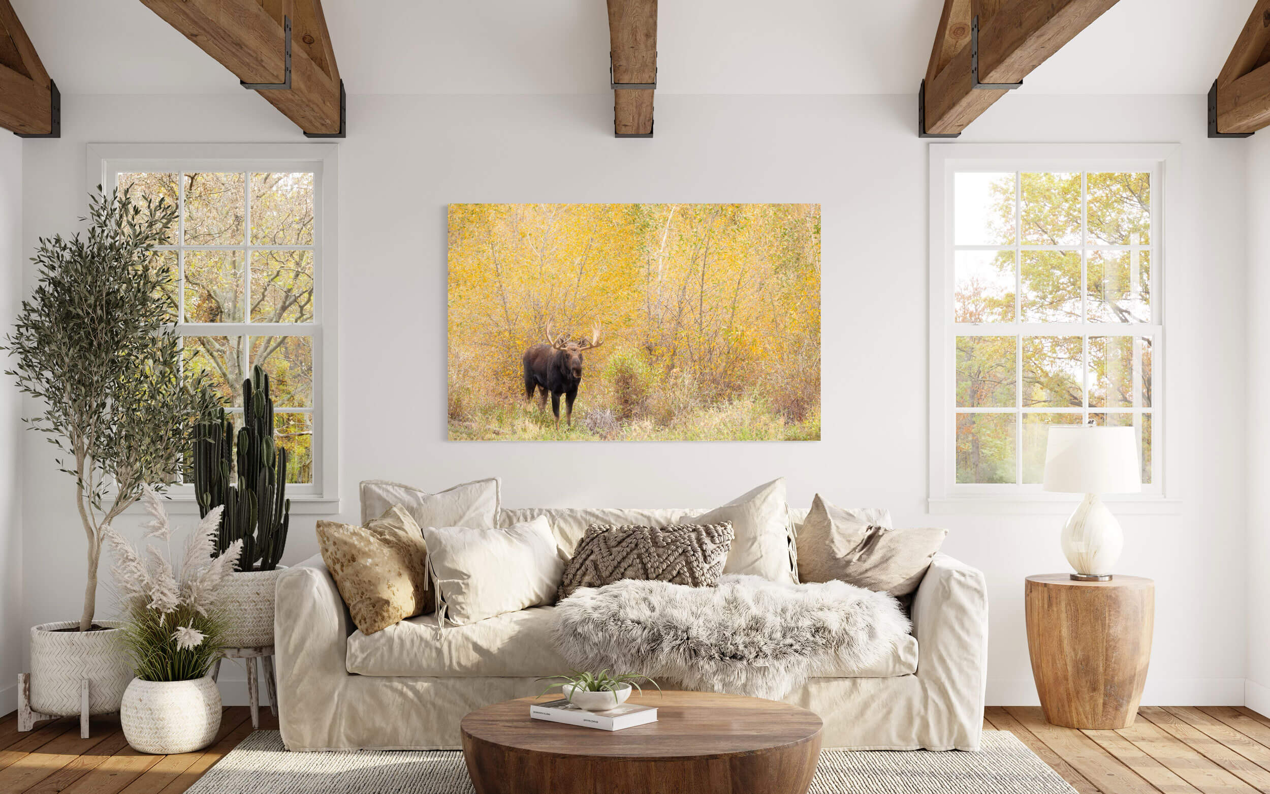 A picture of a moose during peak fall colors in Grand Teton National Park hangs in a living room.