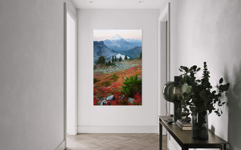 A Mount Baker fall picture from the Chain Lakes hike hangs in a hallway.