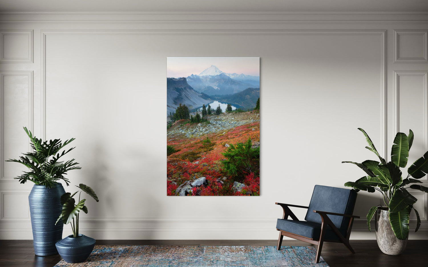 A piece of Mount Baker wall art showing fall colors hangs in a living room.