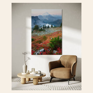 A piece of Mount Baker wall art showing fall colors hangs in a living room.