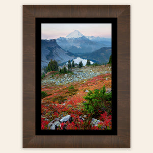 A framed piece of Mount Baker wall art showing fall colors.