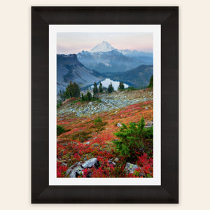 A framed piece of Mount Baker wall art showing fall colors.