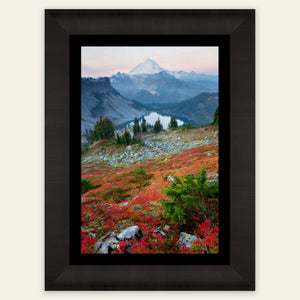 A framed piece of Mount Baker wall art showing fall colors.