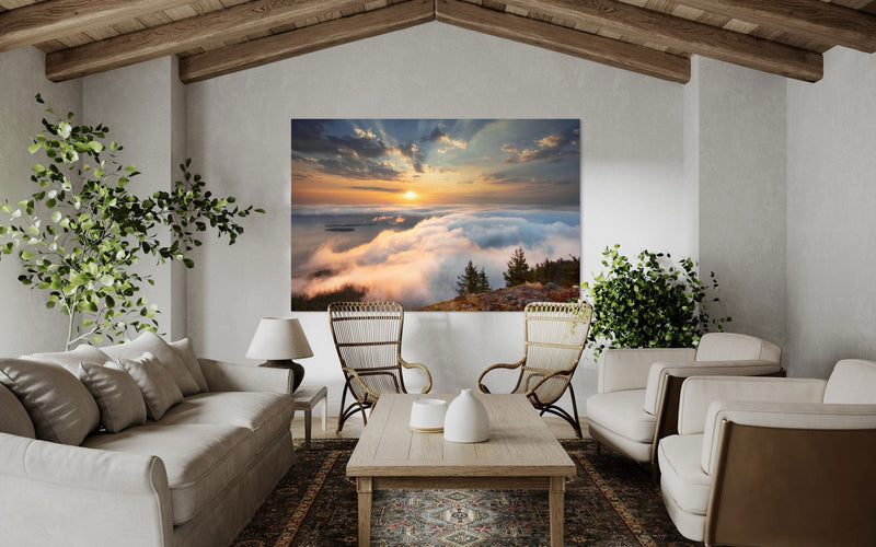 This piece of Orcas Island wall art showing a photo from Mount Constitution hangs in a living room.