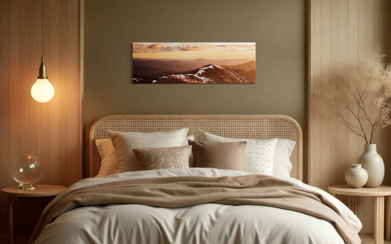 A piece of Colorado art showing a photo of Mount Evans at sunrise hangs above a bed.