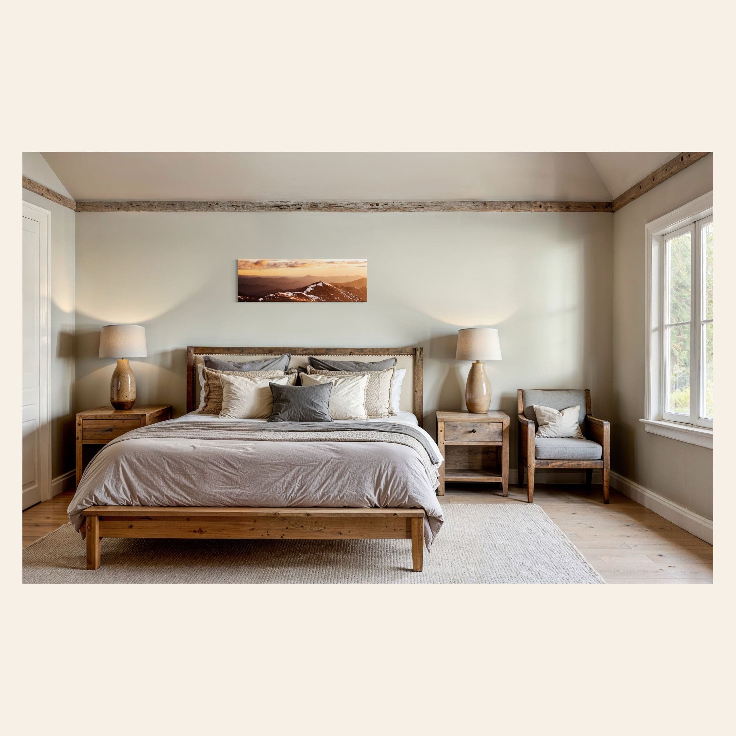 A piece of Colorado art showing a photo of Mount Evans at sunrise hangs in a bedroom.