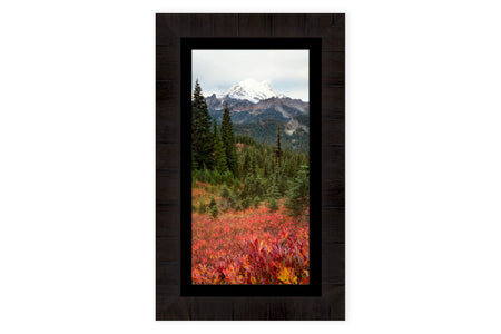 A piece of framed Seattle art shows the Mount Rainier fall colors.