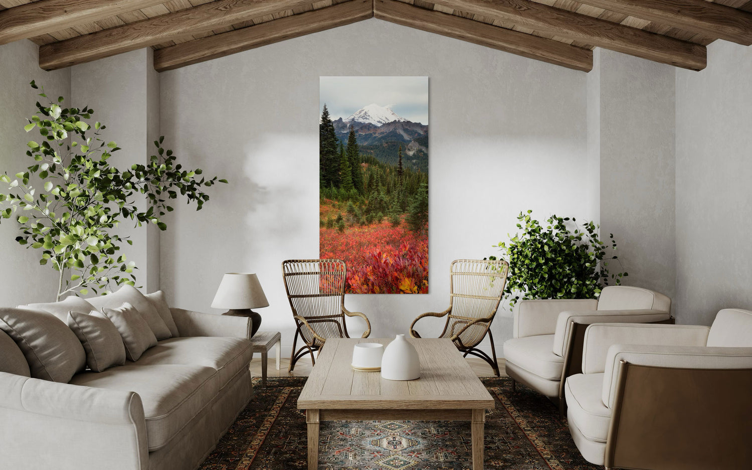 This piece of Seattle wall art showing the Mount Rainier fall colors hangs in a living room.