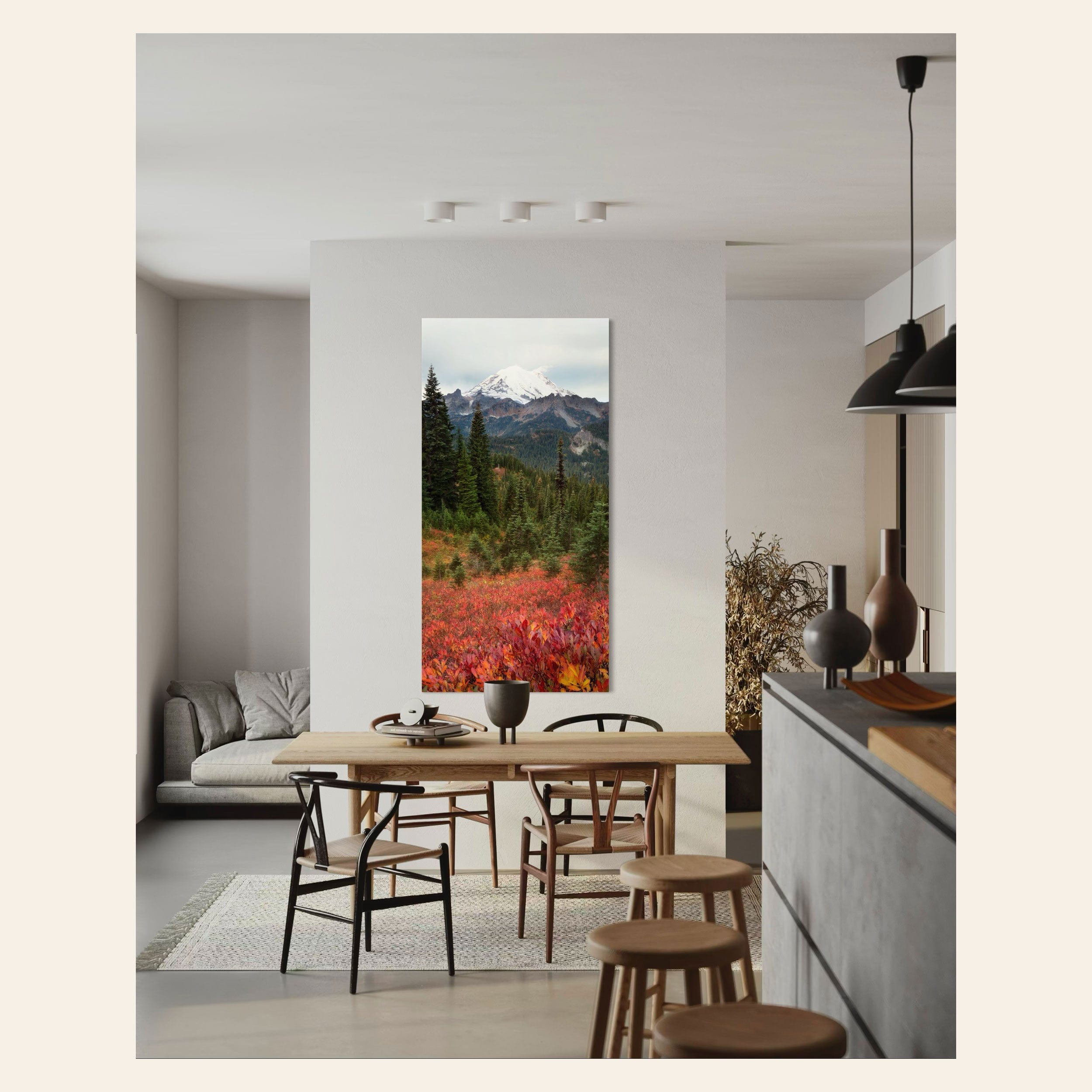 This piece of Seattle wall art showing the Mount Rainier fall colors hangs in a living room.