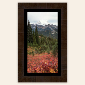 This framed piece of Seattle wall art shows the Mount Rainier fall colors.