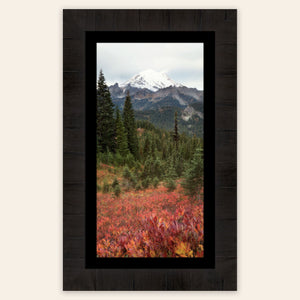 This framed piece of Seattle wall art shows the Mount Rainier fall colors.