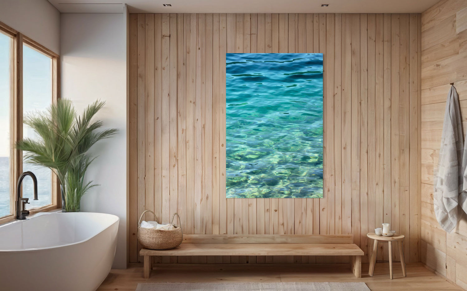 A piece of Mount Rainier wall art shows a lake in the national park in the morning light hanging in a bathroom.