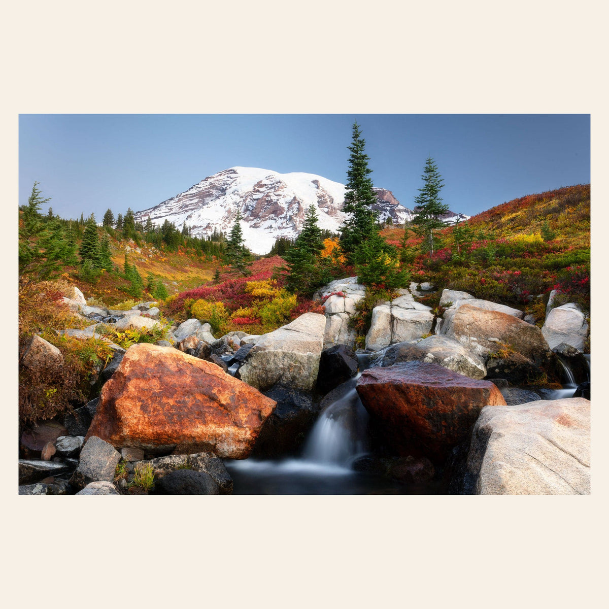 A piece of Mount Rainier wall art shows the fall colors at Paradise.